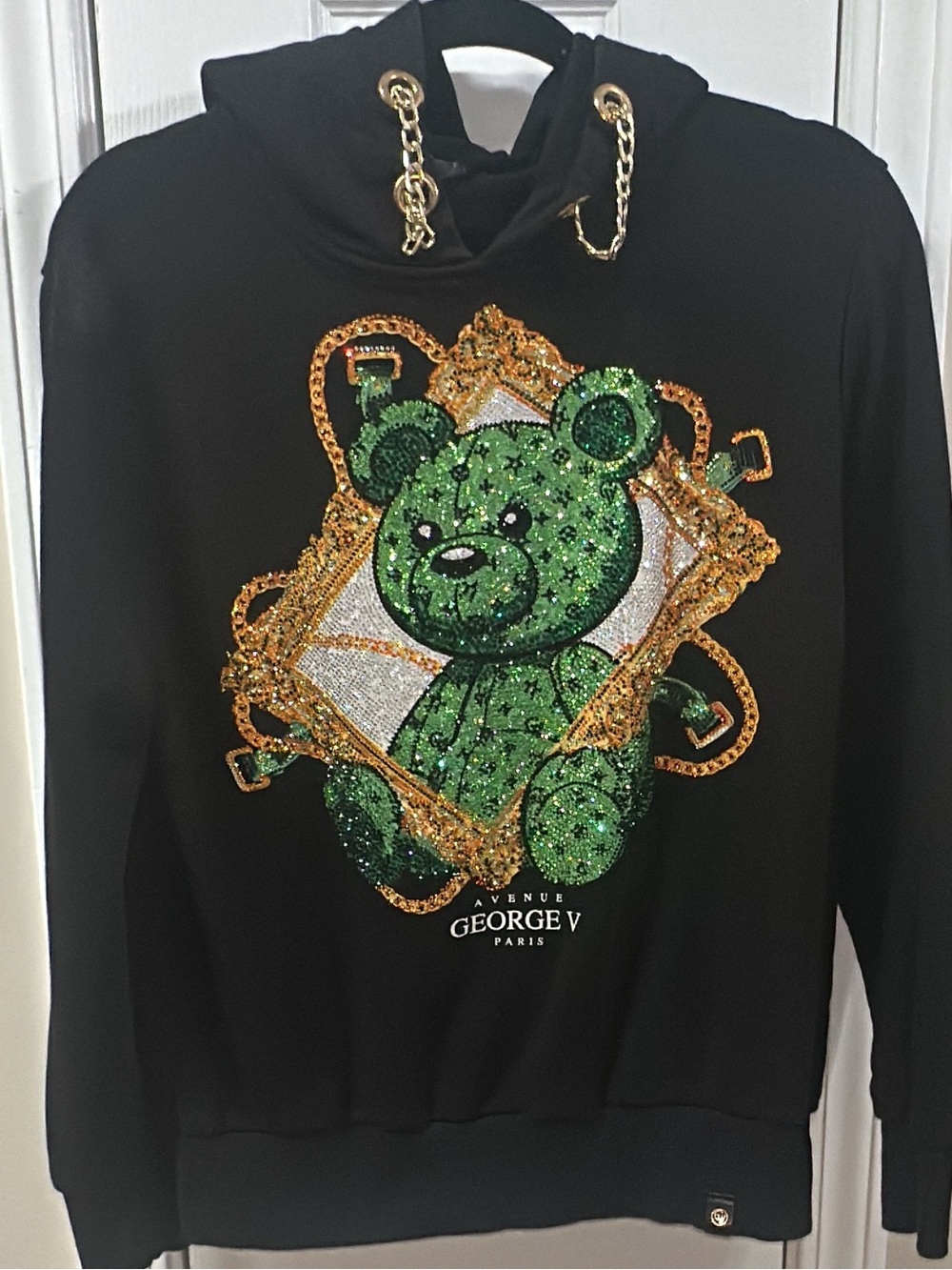 Avenue George V Black Hoodie Sweater with Green Sequin Teddy.  Pit-pit21 (mix53)